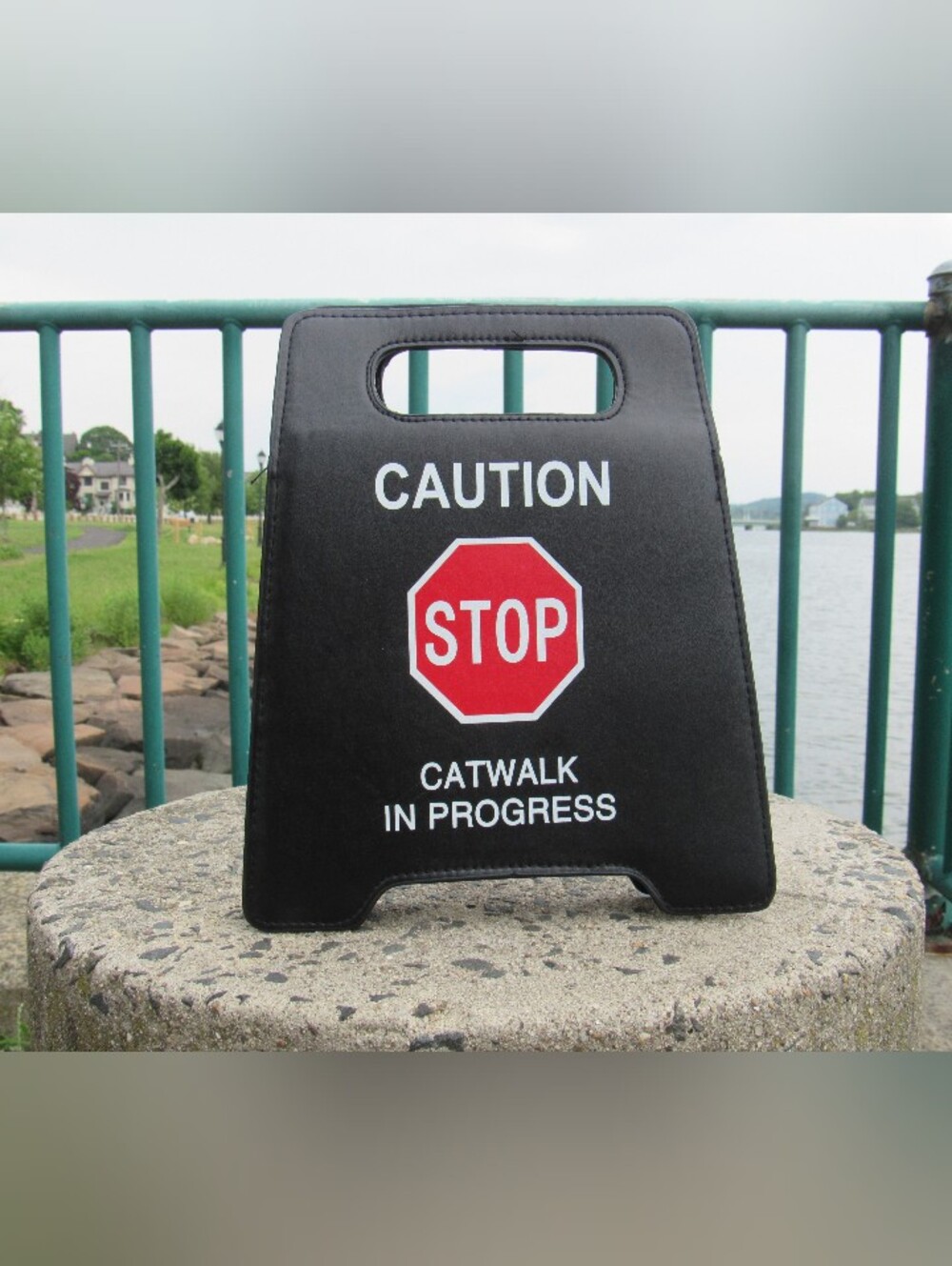 Black Clutch/Crossbody Bag with 'Caution Stop' Graphic